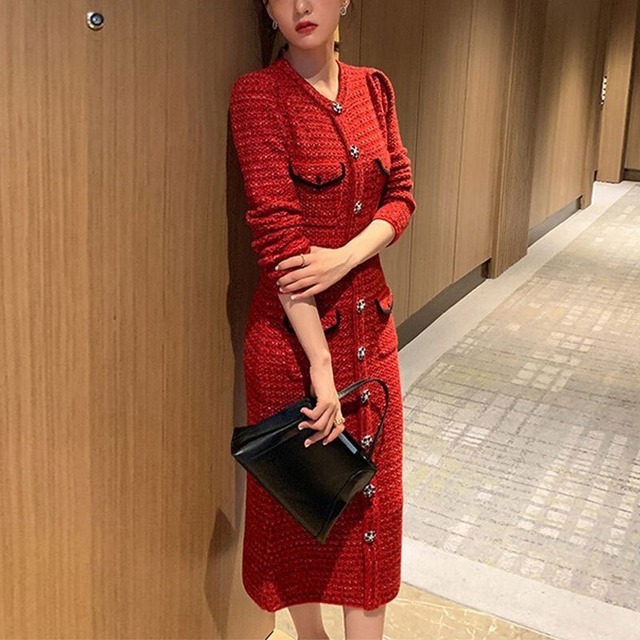 【パーティードレス】 パーティードレス かっこいい 結婚式 お呼ばれドレス 結婚式のお呼ばれ ワンピース シンプル ミモレ ワンピース 20代 30代 40代 成人式 同窓会 卒業式 入学式 卒園式 入園式 謝恩会 七五三 お宮参り 袖あり 体型カバー フォーマルドレス 結婚式フォーマル お呼ばれ 二次会  フォーマルワンピース おしゃれ ミックス ツイード レッド 赤 ネイビー 青 S M L XL