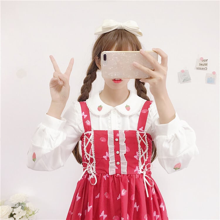 ブラウス シャツ ホワイト 白シャツ いちご 苺 イチゴ ストロベリー