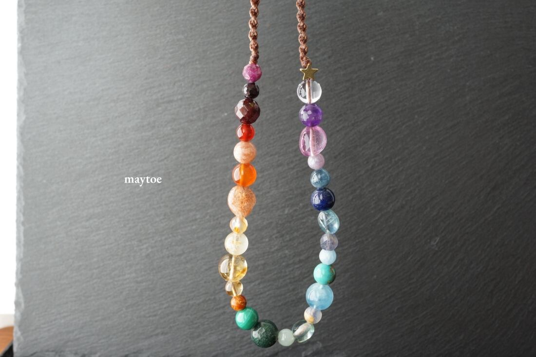 星入り☆7色天然石の厄除けロングネックレス<厄年のお守りに>*チャクラネックレス*