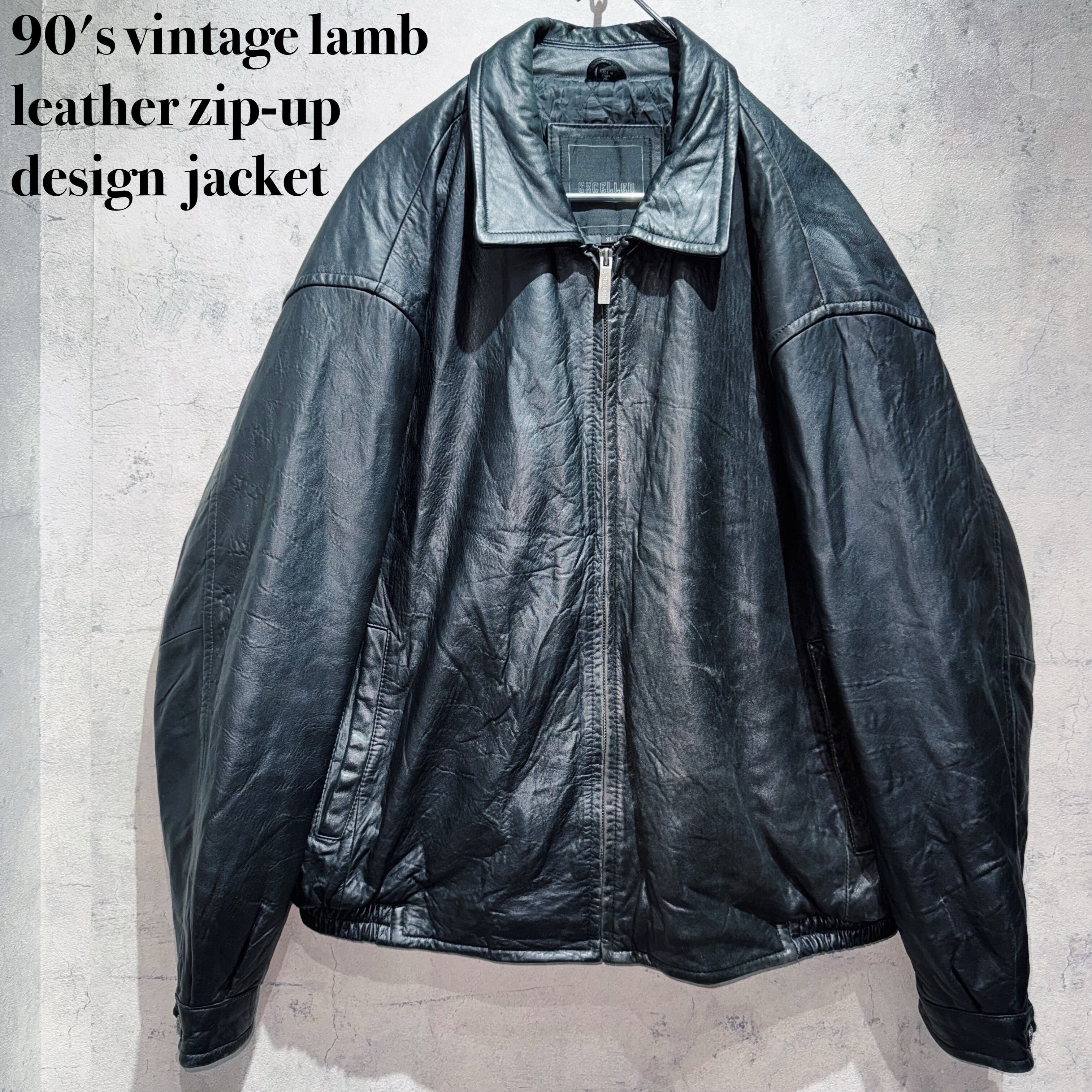 90's vintage lamb leather zip-up design jacket