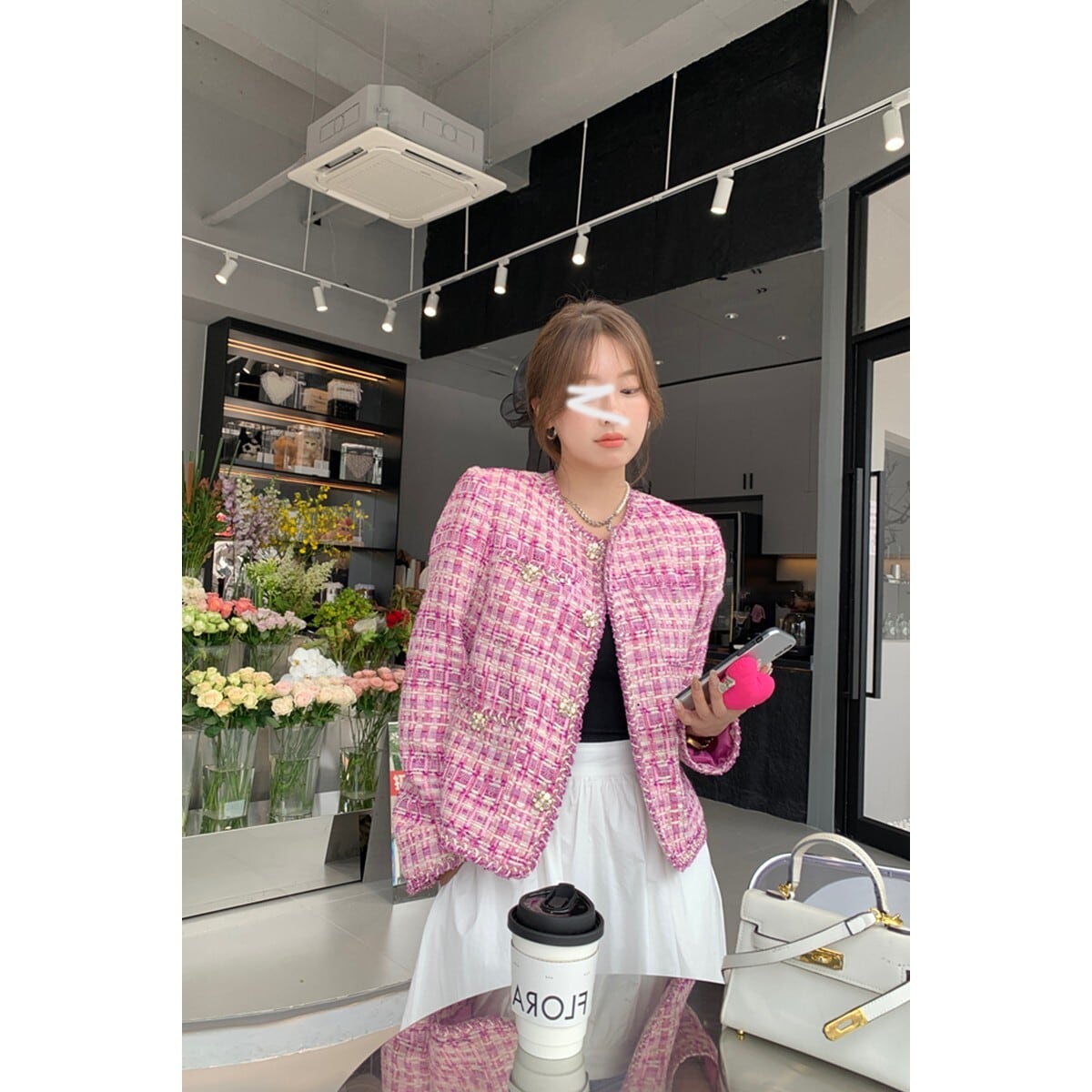 ノーカラー ツイードジャケット ピンク ボタン付き 韓国ファッション