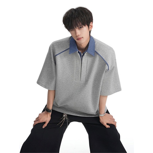 【V37シリーズ】★POLOシャツ★ 3color トップス ユニセックス 半ジッパー 半袖 フェイクレイヤード 黒 白 灰