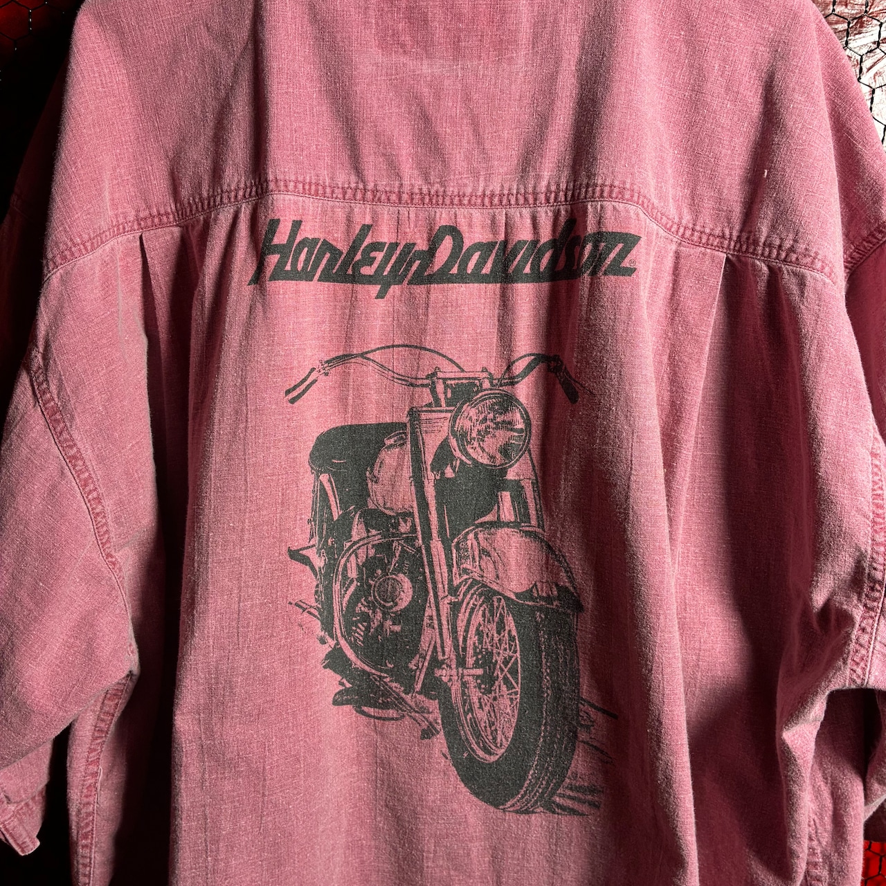 90s Harley-Davidson スタンドカラー コットンシャツ バックプリント ハーレー