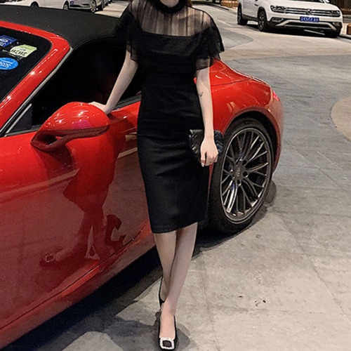 結婚式ドレス 大きいサイズ 2XL-4XL ラウンドネック 半袖 ミドル丈 ハイネック タイト レディースワンピース ストライプ シースルー ブラック Aラインスカート フレア お呼ばれ エレガント