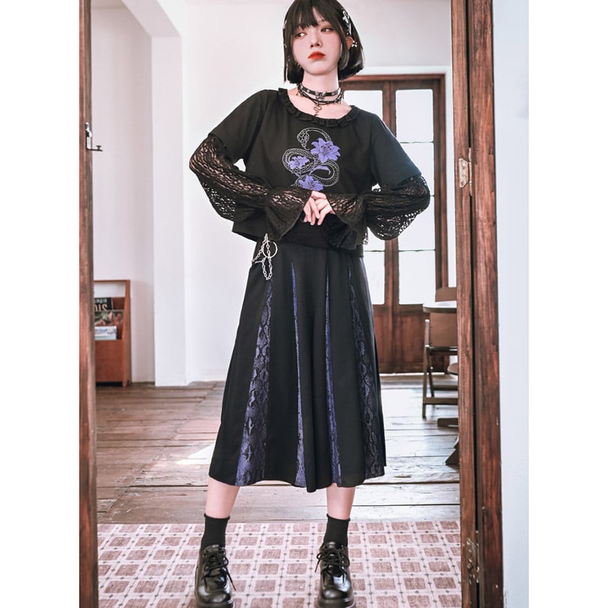 チャイニーズゴシック 古怪舎 ワイドパンツ スリット 蛇柄 プリント 大人かわいい 個性的