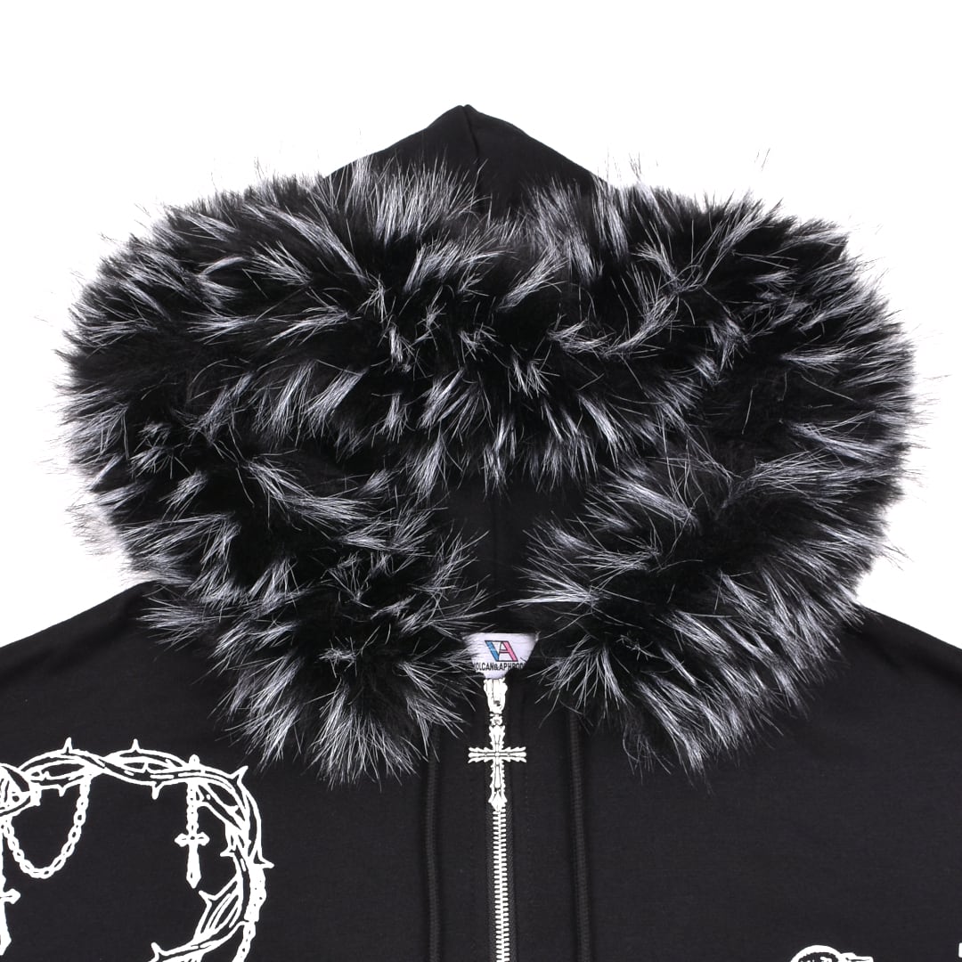 格安！未開封フーディー ZIP-UP ブラック　GD FAM 特典缶バッジ付き 3/26新着】クロスチェーンプリント ファーZIPパーカー