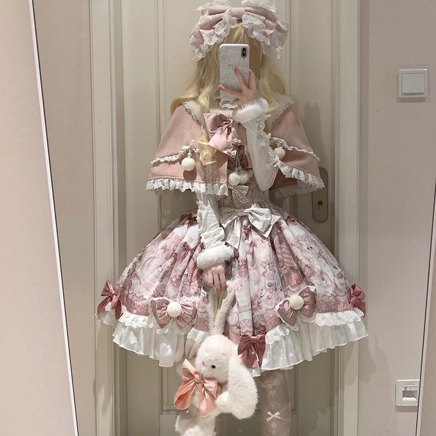 量産型 セットアップ ケープ×猫柄ドレス ピンク×フリル｜WithU