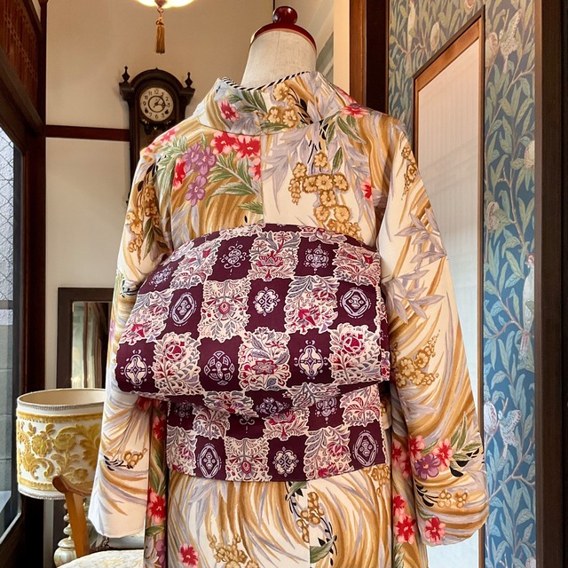 Flashy Rose＊黒薔薇 レース模様 アンティーク名古屋帯 A425 | kimono 
