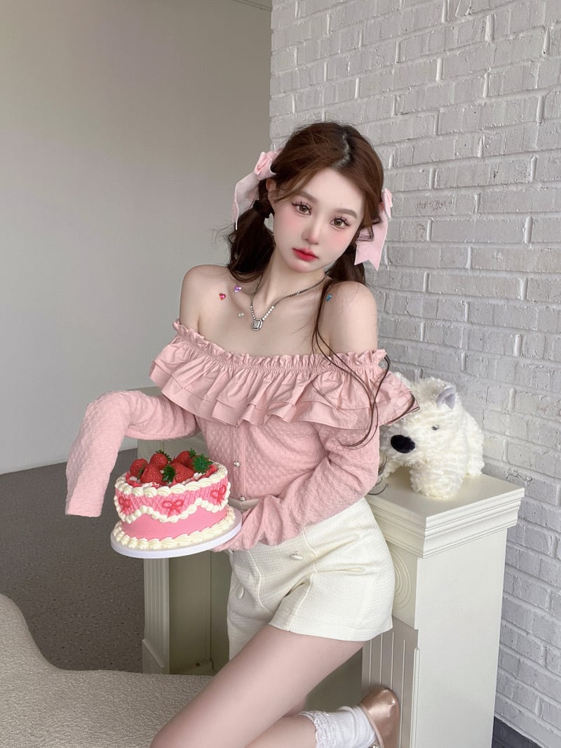 ブラウス オフショルダー フリル ハート ボーダー ピンク 肌見せ オフ