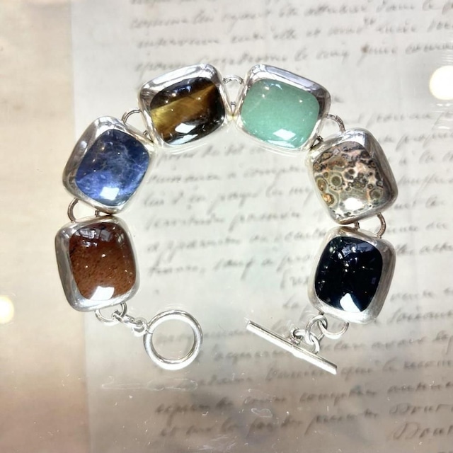 Vintage Taxco Stone Silver Chain Bracelet [MEXICO SILVER & Multi Gems] Square Heavy Design