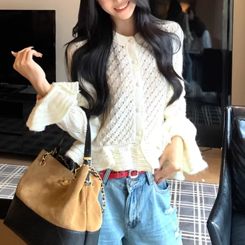 透かし編みベルスリーブニットカーデ ・75914