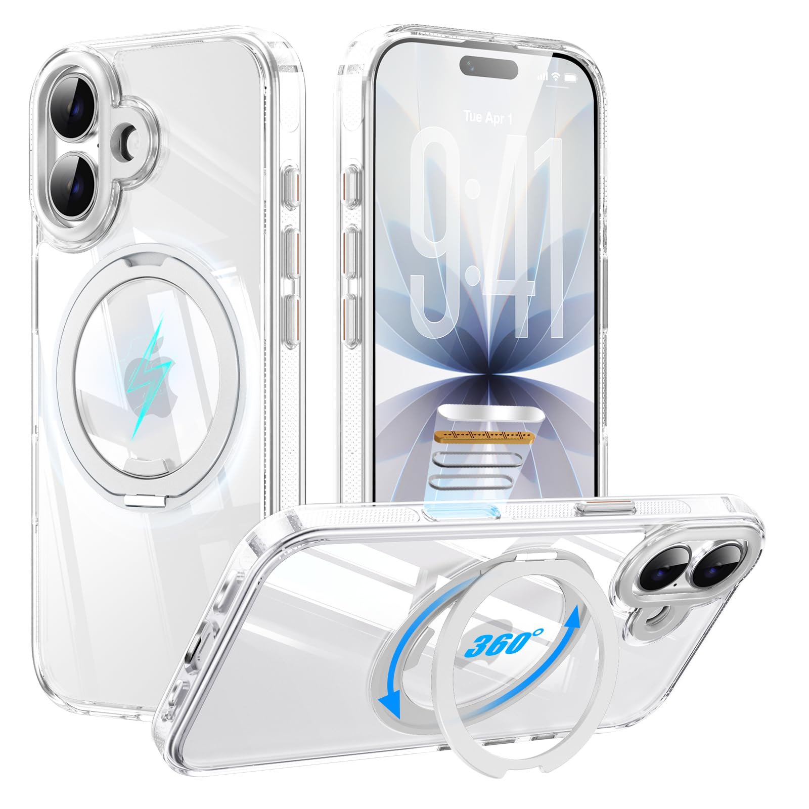 Tekka iPhone 17 用 ケース【360°回転スタンド一体型・MagSafe対応】 リングスタンド付き マグネット吸着 急速充電対応 米軍MIL規格 耐衝撃 薄型 軽量 クリア 指紋防止 黄変防止 カメラ保護 動画視聴 撮影にも便利(クリア, iPhone 17)