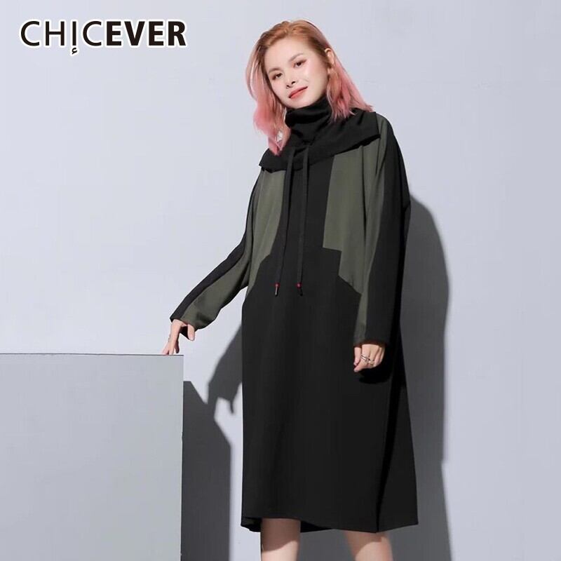 CHICEVERヒットカラーウィンタードレス女性タートルネックバットウィングスリーブドローストリングルーズミディドレス服 冬物 6base51125644220