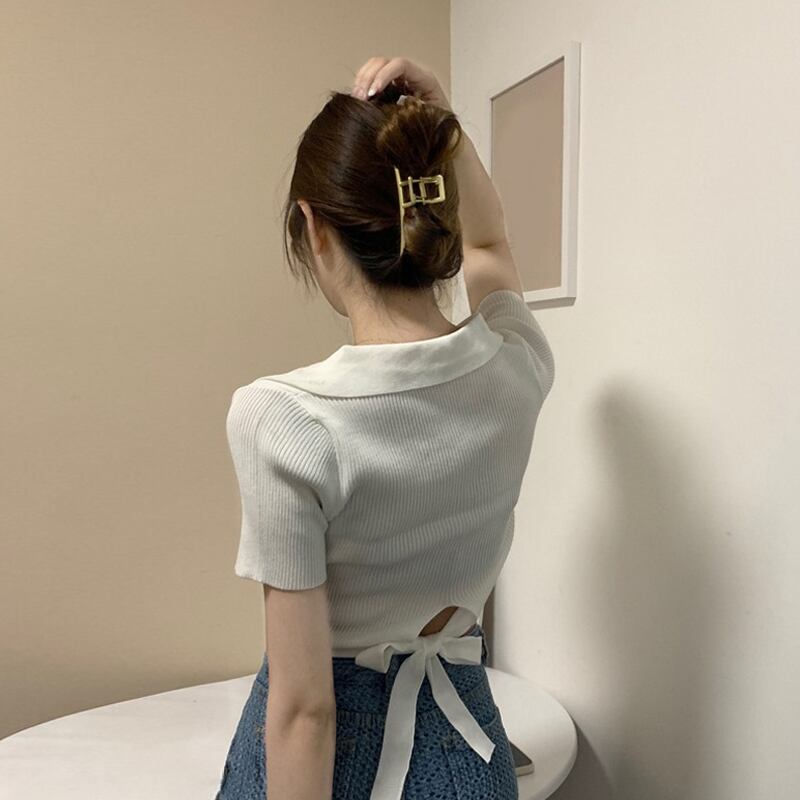 ホワイトニットショートTシャツ サマーVネックスリムトップス ドレス 夏物 スーパーモール98277427183