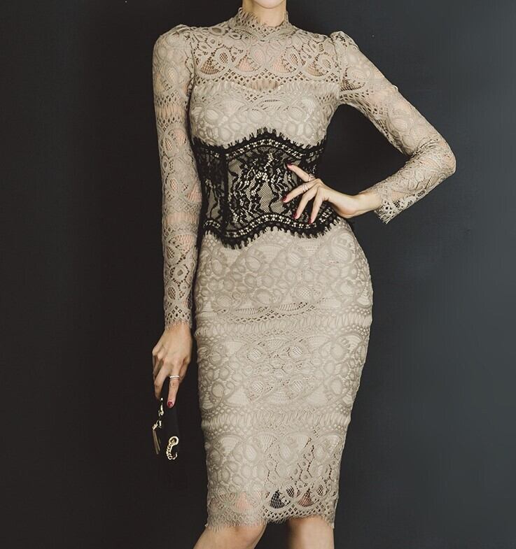 ワンピース レディース レース ドレス ワンピドレス ひざ丈 ミドル丈 美シルエット ペンシルスカート 長袖 総レース ストレート モックネック ハイネック スリム タイト 細身 ハイウエスト 送料無料 存在感 ウエストマーク バックスリット 透け感 シースルー ポリエステル S M L XL エレガント きれいめ 上品 セクシー 大人 無地 アプリコット パーティー イベント お呼ばれ 記念日 ホテル 結婚式 謝恩会 10代 20代 30代 40代 春 秋 韓国 ファッション 脚長 スタイルアップ モテ
