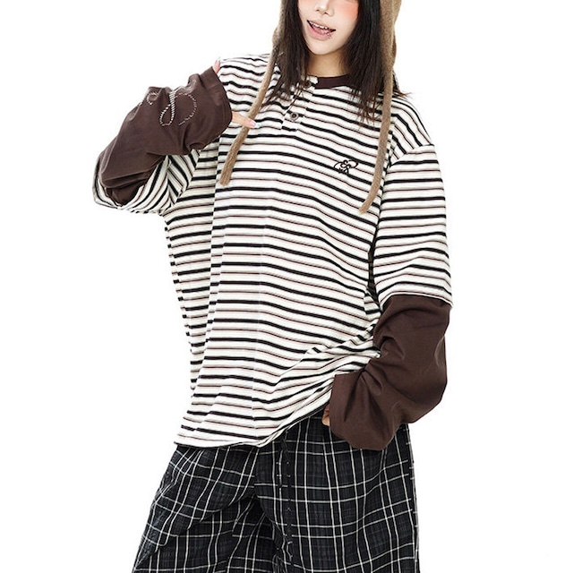 レイヤードスリーブボーダーヘンリーネックTシャツ 2col R02479