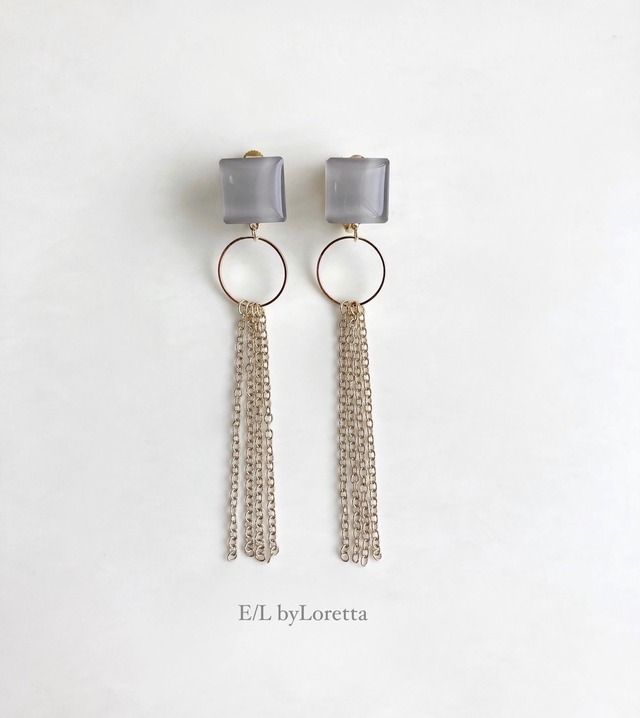 Color square chain tassel pierce/earring(Beige) [cc]