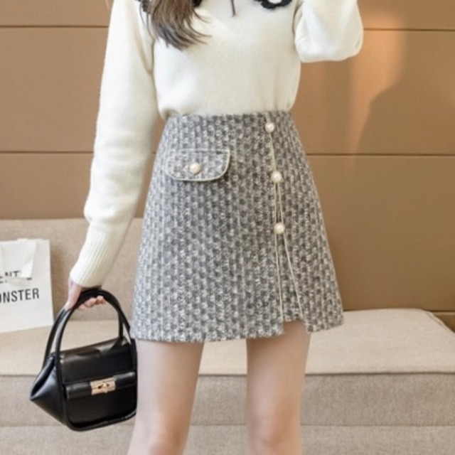 【S~XL,2color】ツイード 3ボタン ミニ スカート a059