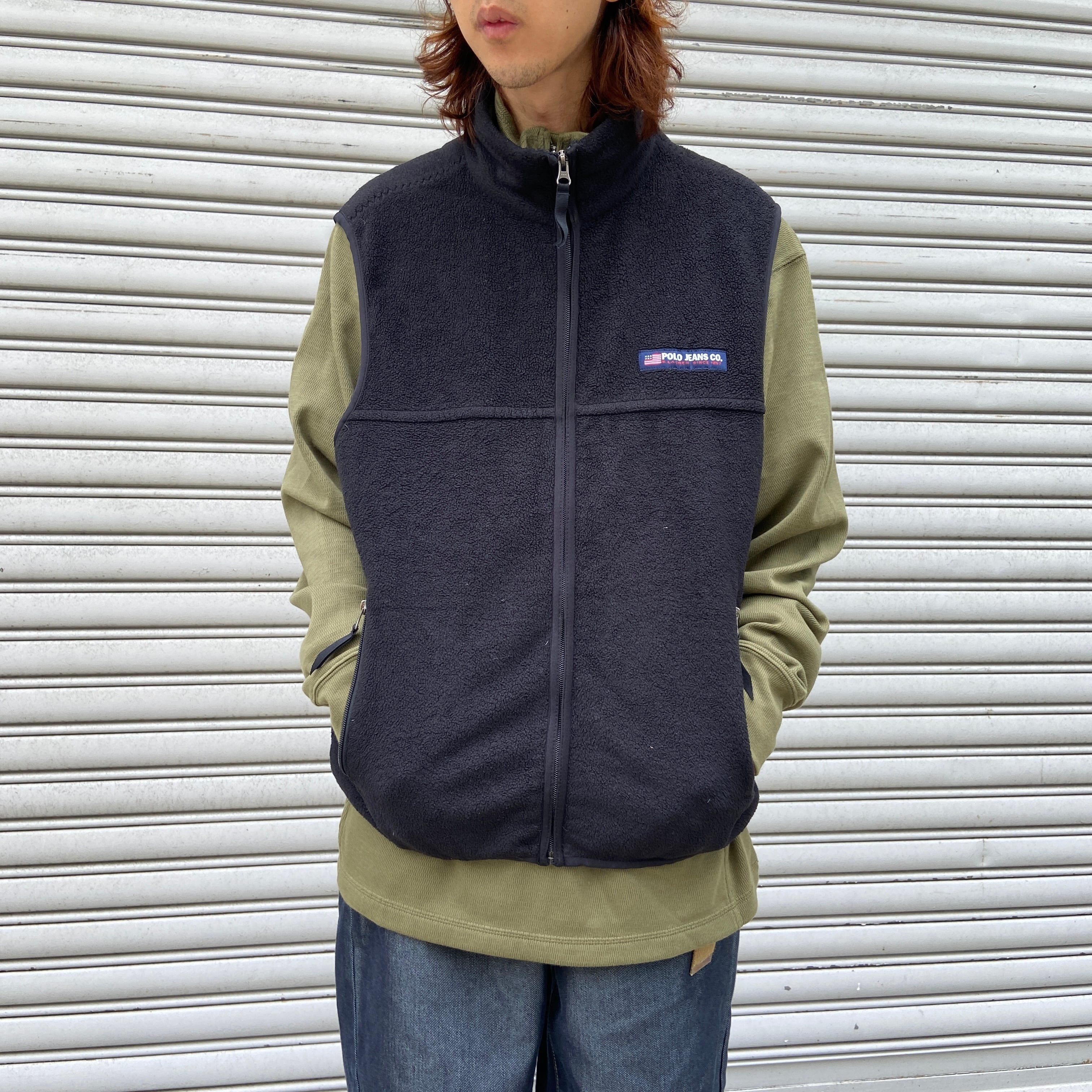 送料無料』Ralph Lauren ポロジーンズ フリースベスト 星条旗 L 黒 90s