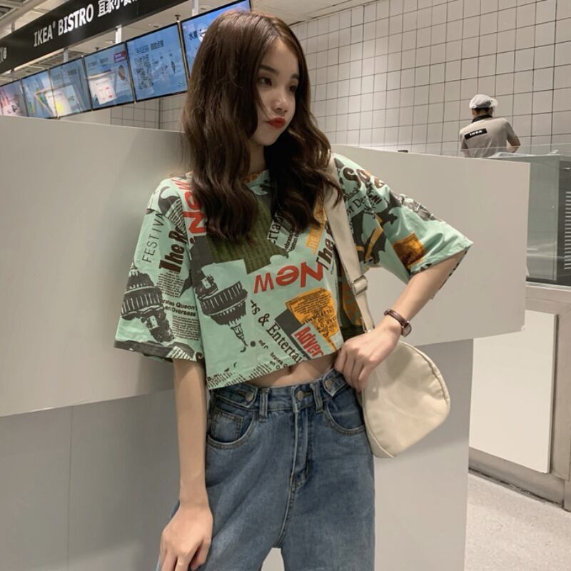 2020年秋冬の新しい女性香港フレーバールーズパーソナリティ新聞印刷ショートスタイル+ロングスタイルカジュアルスリムTシャツ女性トレンド YY-ファッション13318743450