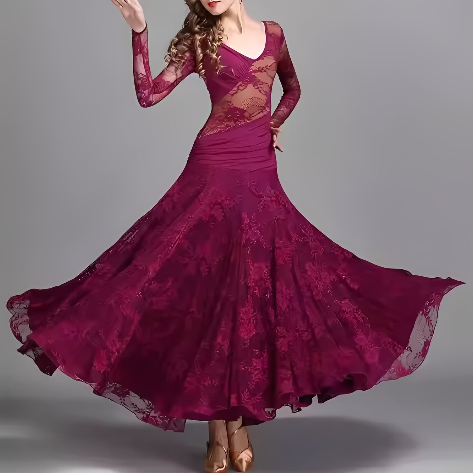 Vネック レーススリーブ スカラップヘム ダンスドレス 3col D00501