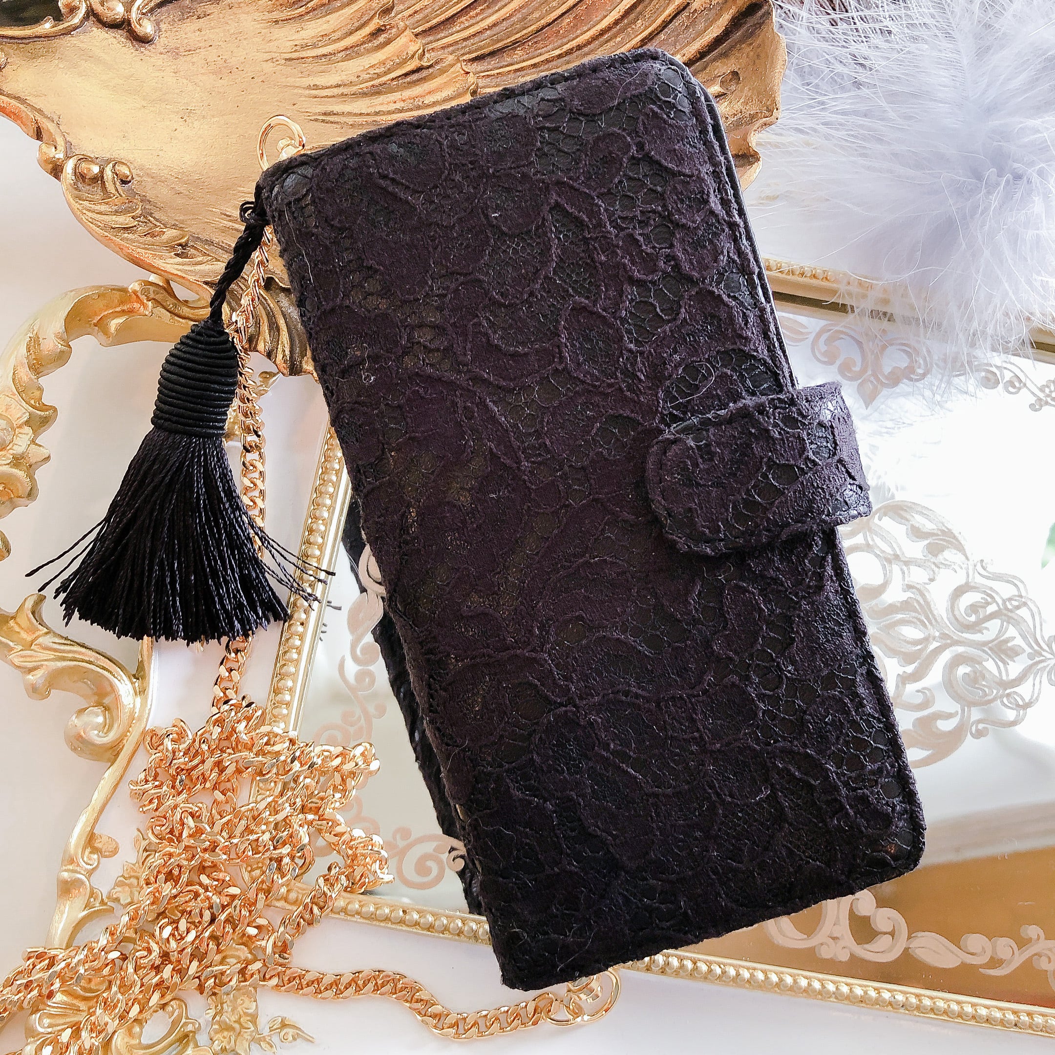 新品スマホケースAOYAMA LACE ブラック レース リバーレースのスマフォケース（黒） | AOYAMA LACE-青山レース-