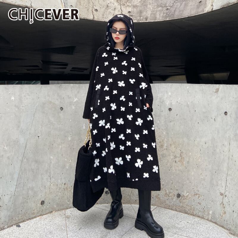 CHICEVERラムウールドレス女性フード付き襟長袖刺繡フローラルヒットカラー特大ストレートドレス2020 ロング 刺繍 花柄 6base596242237811