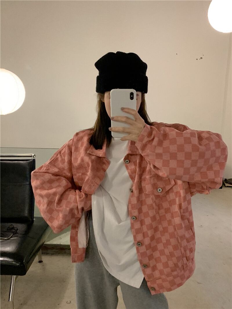 格子柄クロップドジャケット ルーズプリント柄カラーカーディガンオータム 秋物 ブラックストロベリース2456924497