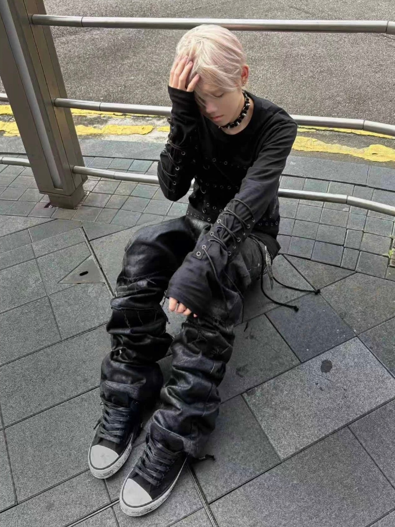 【CinderVein】Lace Up Waxed Coated Denim Pants