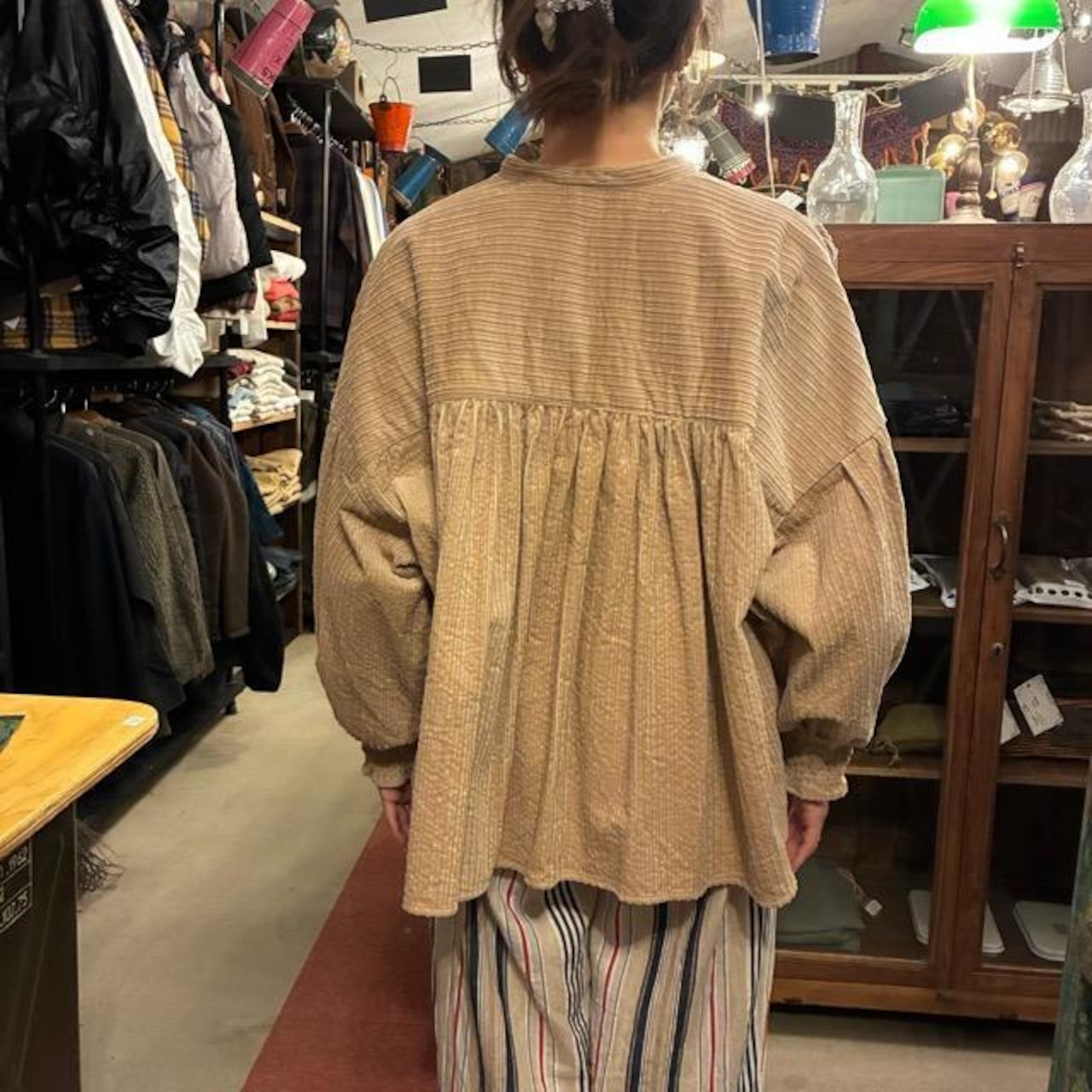 UNIVERSAL TISSU Parent-Child Corduroy Shirred Blouse, Beige/Brown, Long Sleeve Blouse, Balloon Sleeves, Oversized