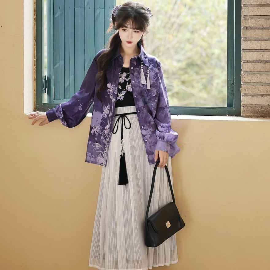 紫霧に沈む花影 シアー花柄シャツとプリーツスカートの中華風3点セット