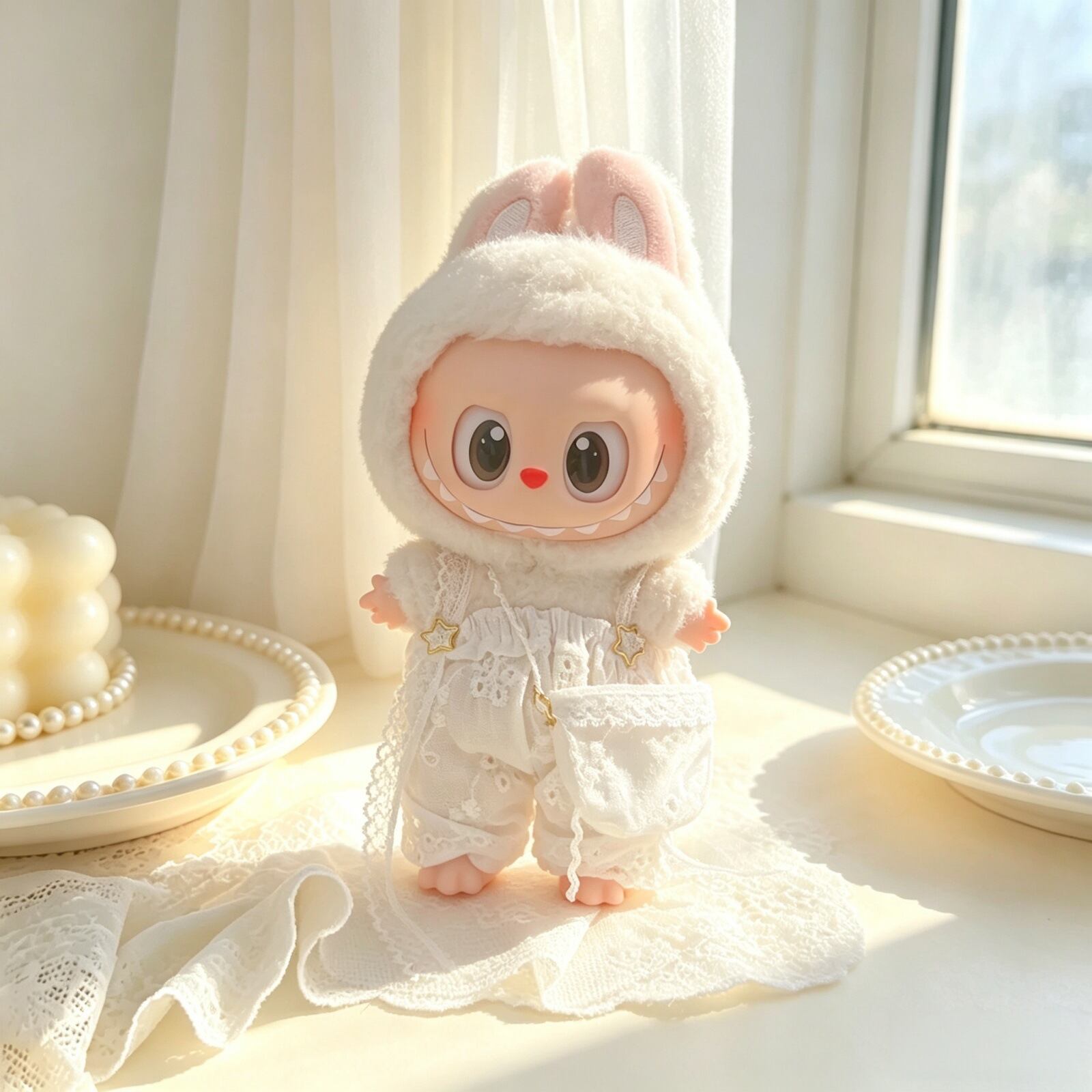 ぬいぐるみ レース付きトップス着用 zsiga/labubu1-3代/1/8ぬいぐるみ用 レーストップス+サロペット+バッグ