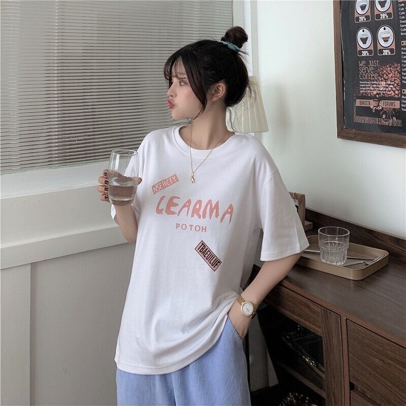 送料無料 ゆったりラフt Tシャツ プリント 半袖 ゆるダボ オーバーサイズ メンズライク ゆるカジ カジュアル 部屋着 お家コーデ Lamitte Deco トレンド 韓国ファッション ショップ Base店