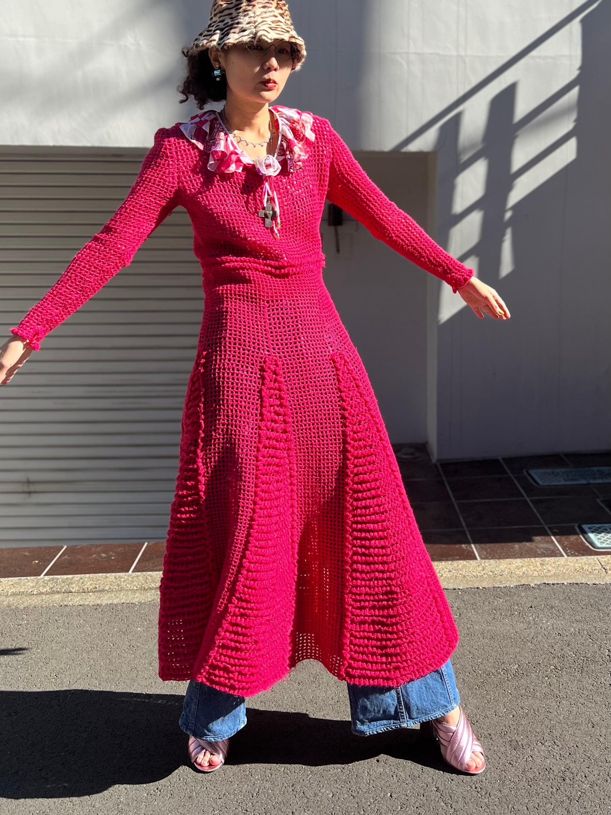 Vintage hot pink handmade knit dress ( ヴィンテージ ホットピンク