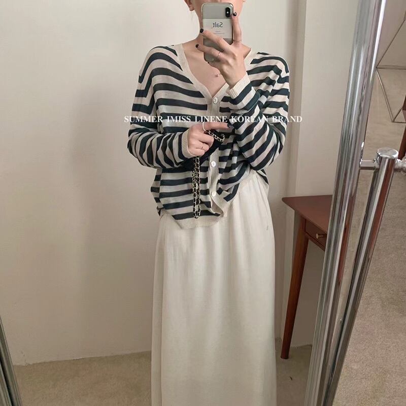 薄手ストライプVネックカーディガンサマースタイルルーズウールセーター 夏物 ビッグFスモールZ韓国60932123306