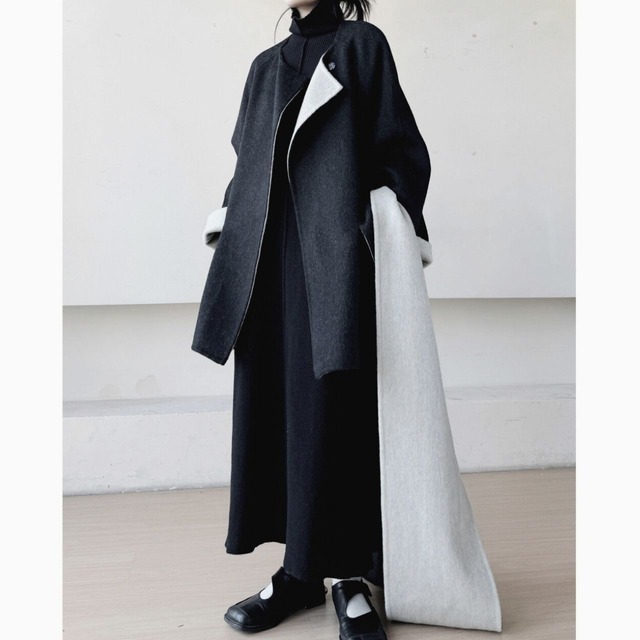Loose collarless coat and muffler set【2color】 C0868
