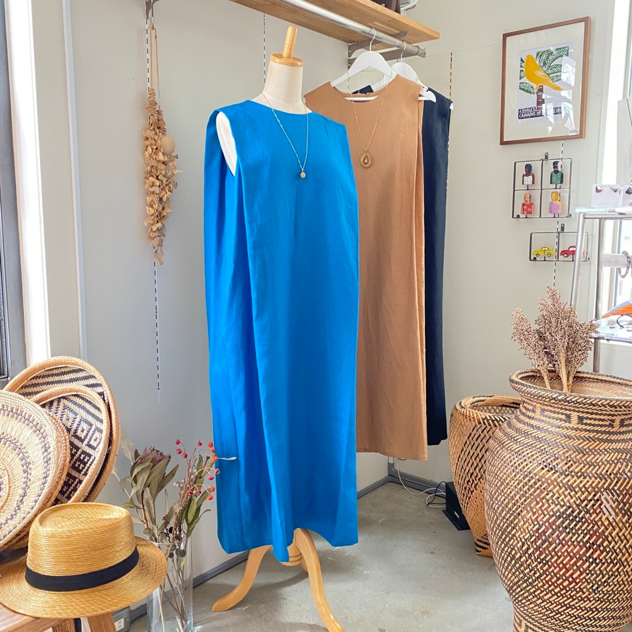 【Coloridas 】リネン タックノースリーブ ワンピース