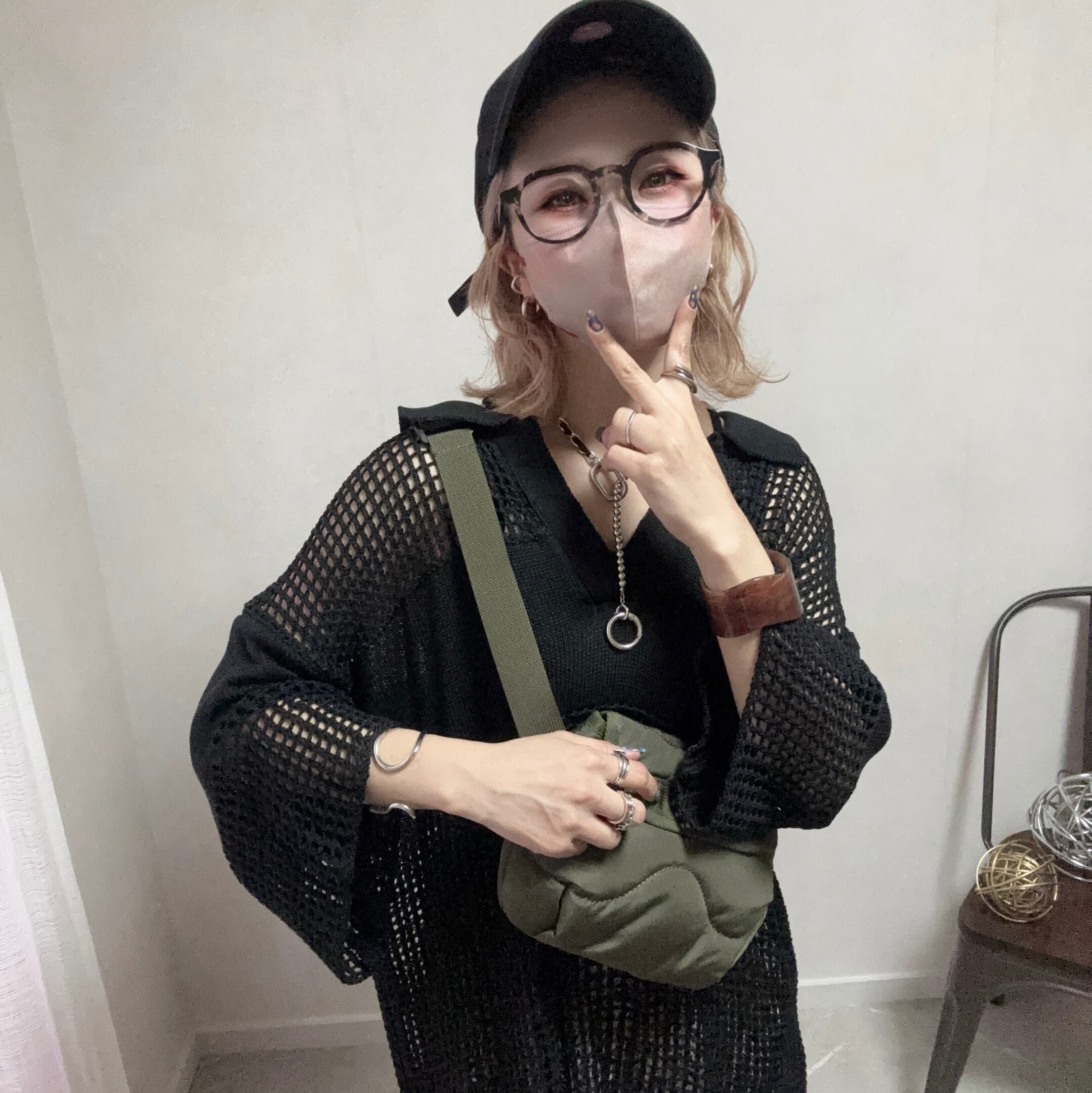 square mesh knit half sleeve PO【Black】