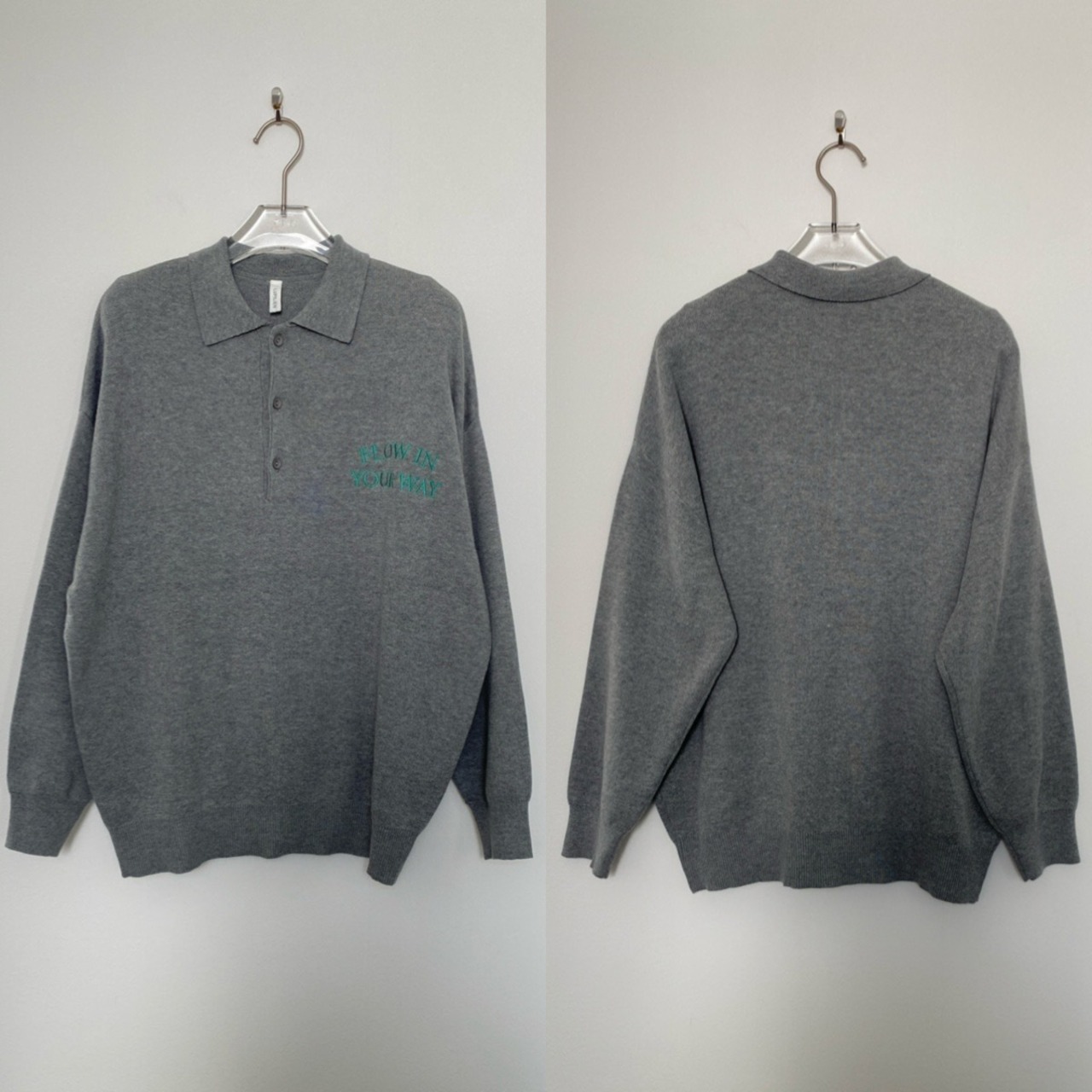 ロゴ刺繍ルーズシルエットポロknit/グレー