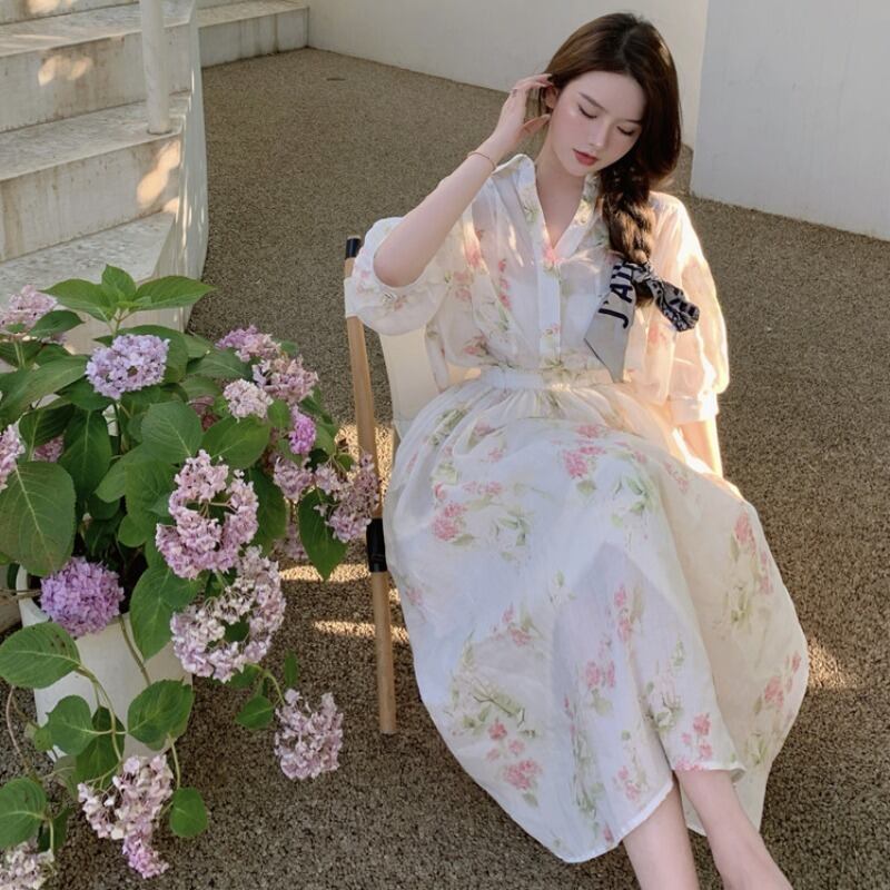 サマースリーブシャツ ハイウェストウェストスカート 夏物 YY-ファッション67722255808