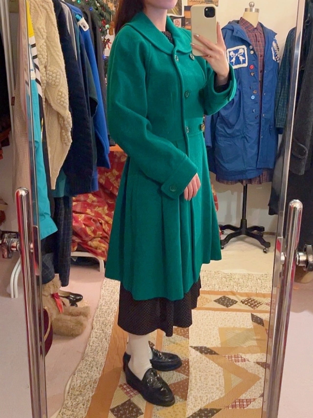 green double button flare coat