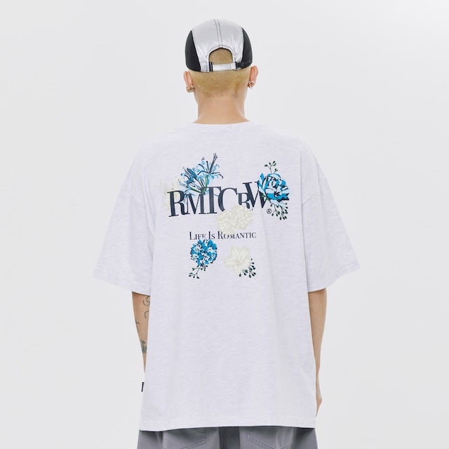 BACK POINT BLUE FLOWER TEE SHIRT_LIGHT GREY