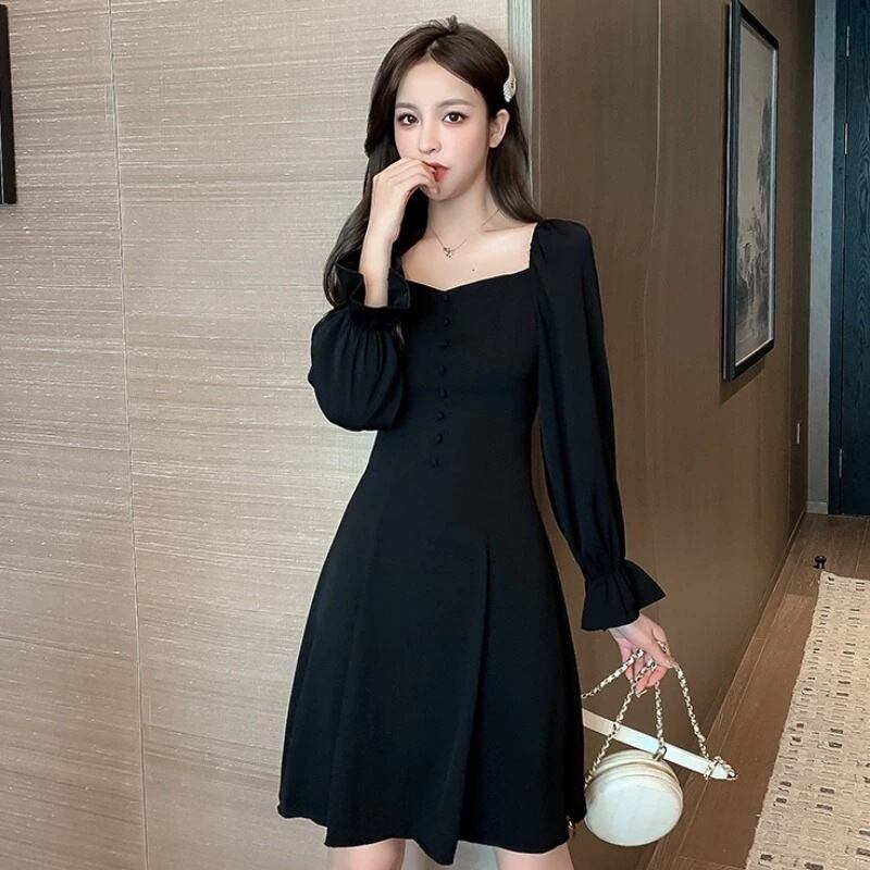 【新作】【送料無料】 フレンチニッチソリッドカラーの多目的ドレス女性のためのシックな気質スクエアネックウエストスリミングインターネットセレブ秋と冬のミッドスカートイン 0222971864845