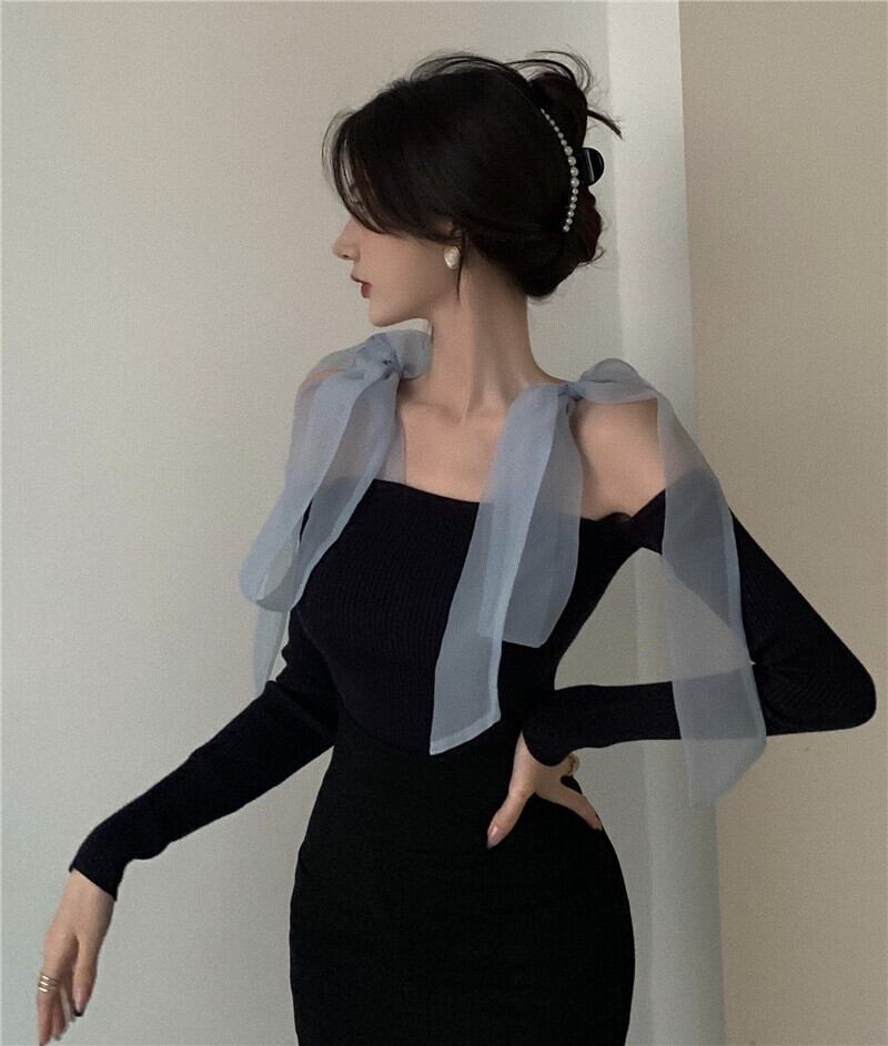 ニットセーター シャツ スプリングサマーストラップレストップス ロング 春物 夏物 ブラックストロベリース18266931895