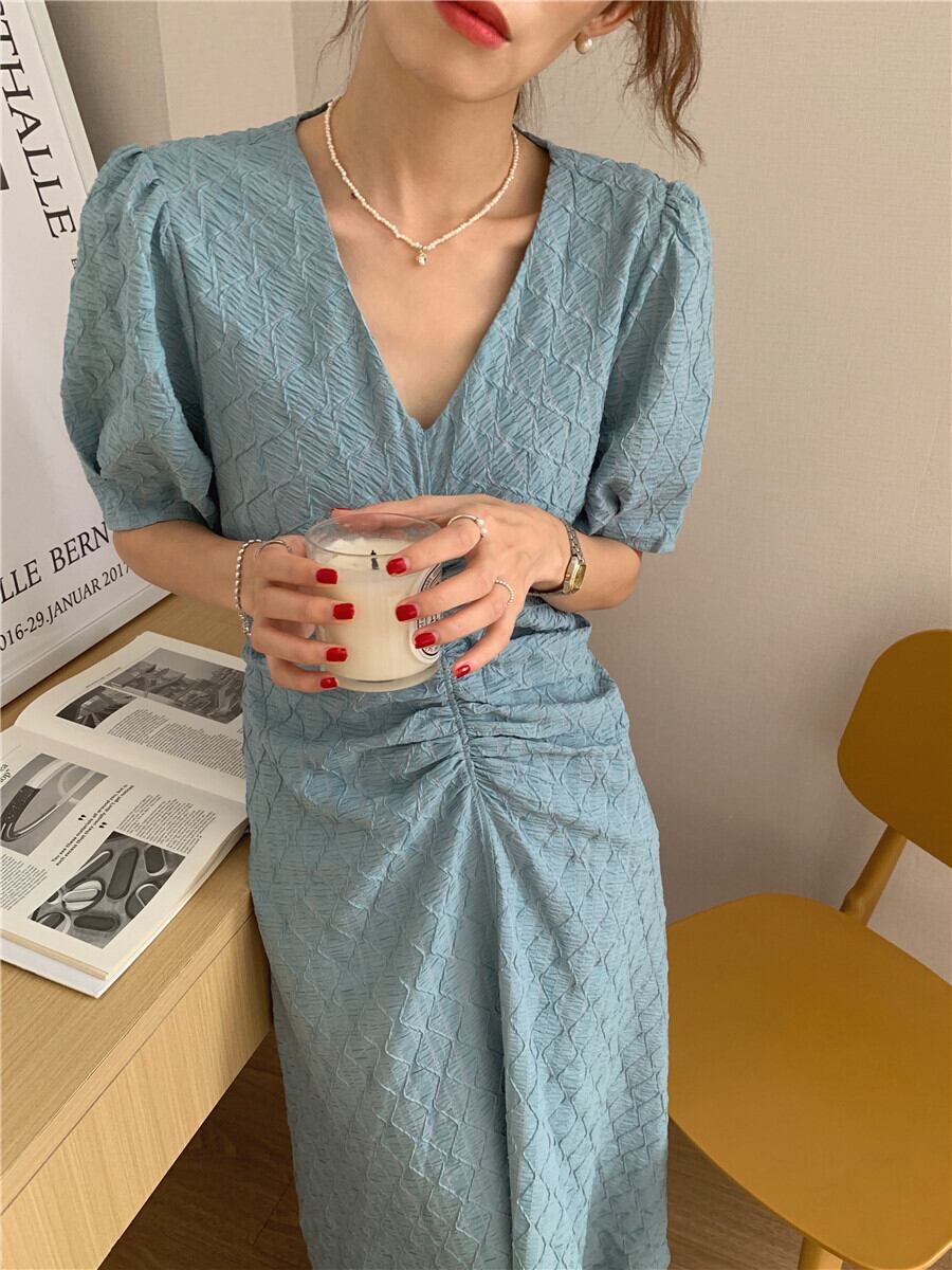 プリーツドレス サマーVネックハイウェストウェストスリムスタイルロングスカート 夏物 ビッグFスモールZ韓国7125158585