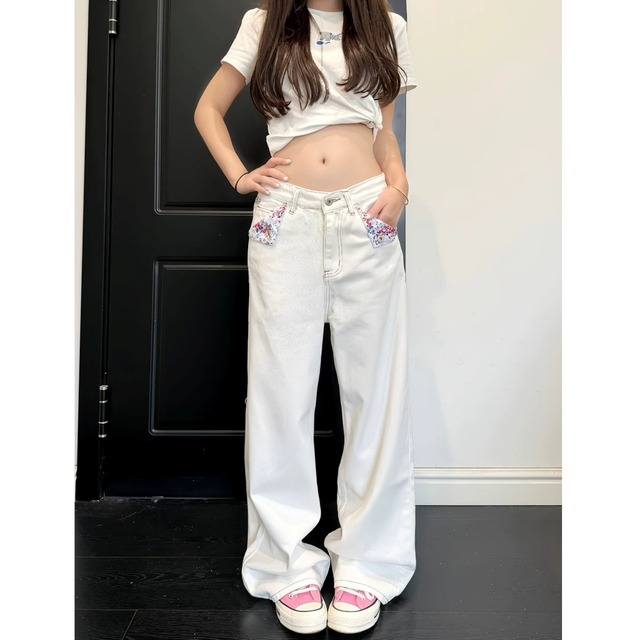フラワーポケットシンチバックワイドラインデニムパンツ 3col R02590