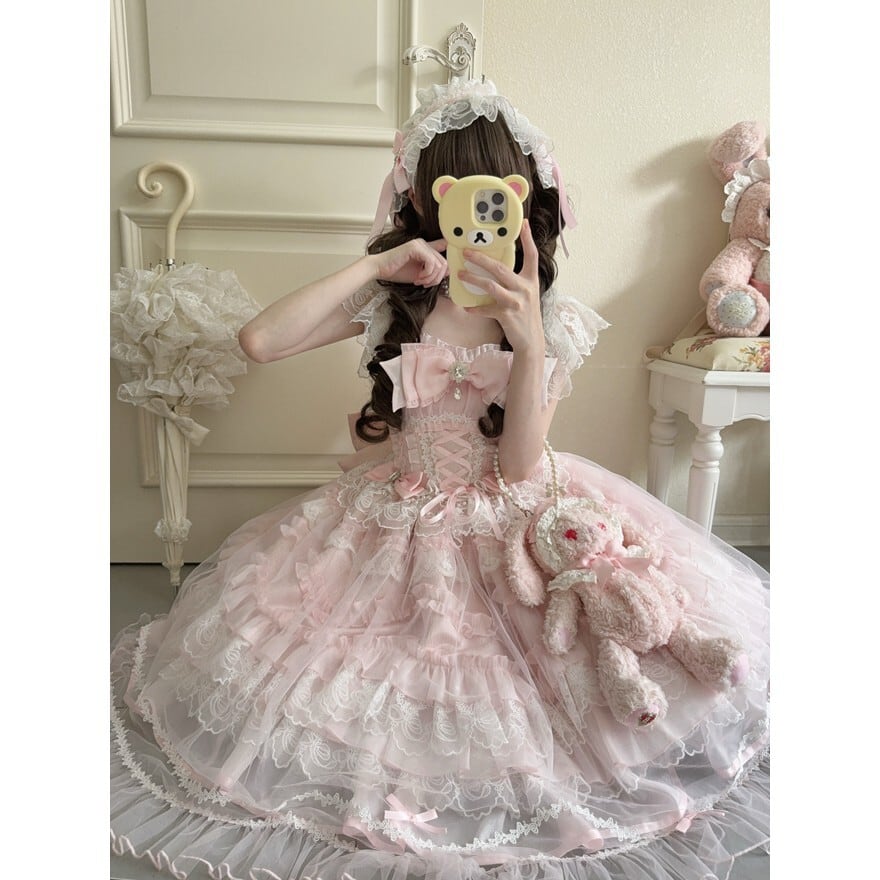 ロリータファッション 夢色レースのリボン姫甘ロリロングワンピース