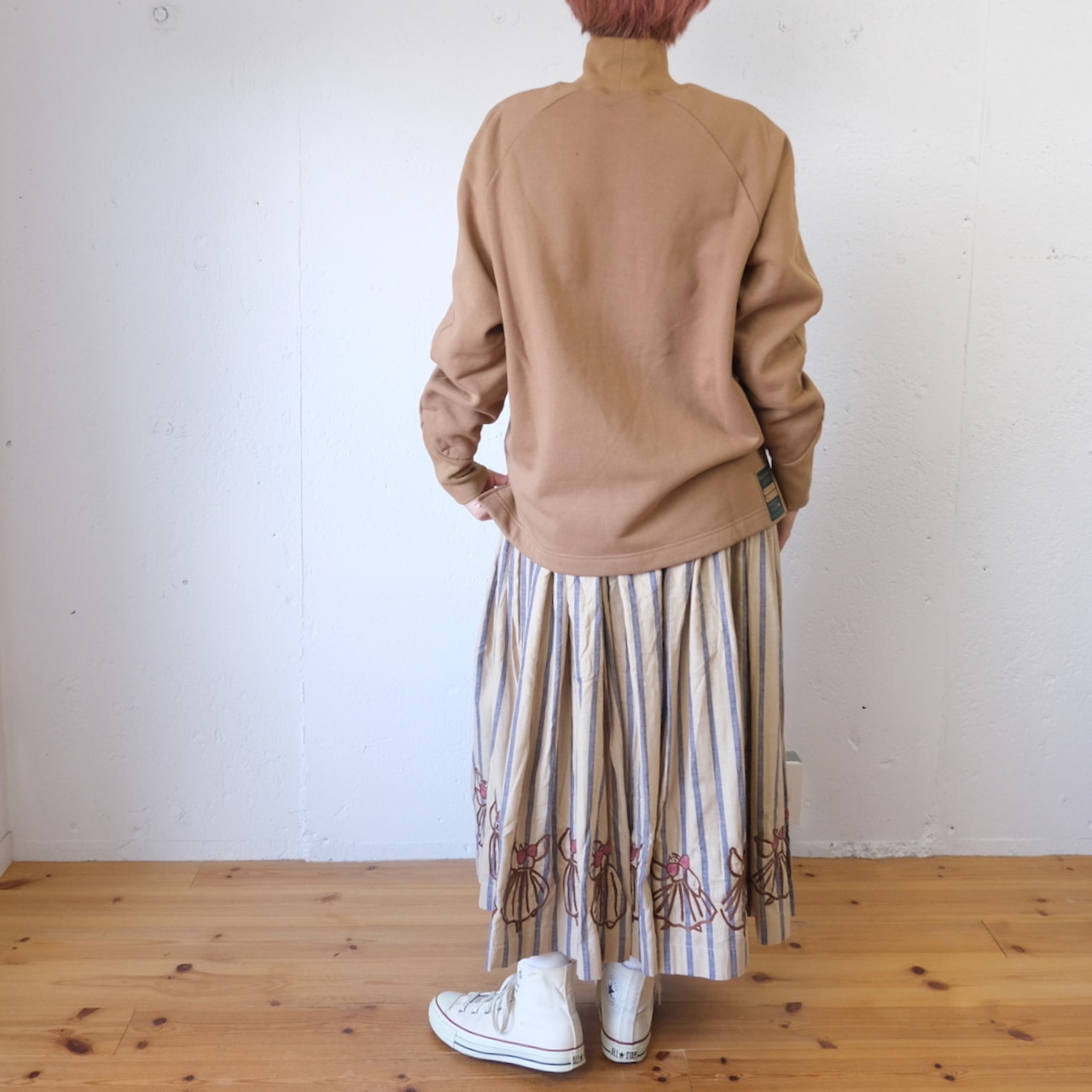 BUNON(ブノン) Hand Print & Dance Embroidery Balloon Skirt ストライプ+刺繍 スカート