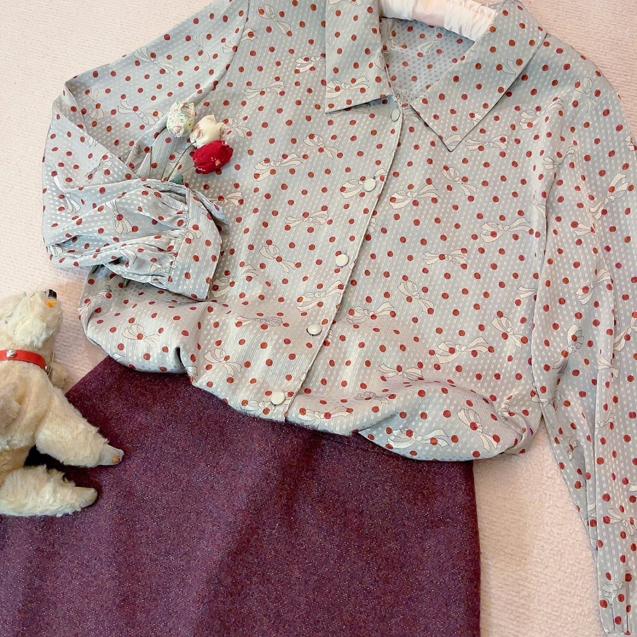 silver ribbon dot blouse