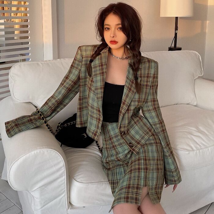 スプリングスタイルルーズ格子柄ジャケット ハイウェストウェストスカート 春物 ドラファッションホール36613487523